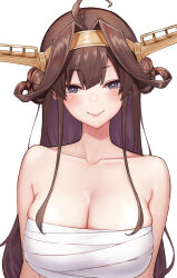 Rule 34 | 1girl, ahoge, blush, breasts, brown hair, chest sarashi, cleavage, closed mouth, collarbone, double bun, grey eyes, hair bun, hairband, headgear, heart, heart-shaped pupils, highres, kamidanomi, kantai collection, kongou (kancolle), kongou kai ni (kancolle), large breasts, long hair, looking at viewer, sarashi, simple background, smile, solo, symbol-shaped pupils, upper body, white background