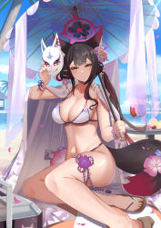 Rule 34 | 1girl, absurdres, animal ears, barefoot sandals (jewelry), beach, bikini, black hair, blue archive, blue sky, breasts, closed mouth, cloud, cup, daweykun, day, drinking glass, flower, fox ears, fox girl, fox mask, fox tail, hair flower, hair ornament, halo, highres, holding, holding mask, holding umbrella, large breasts, long hair, looking at viewer, low twintails, mask, multicolored hair, navel, ocean, outdoors, parasol, red hair, sandals, sitting, sky, solo, swimsuit, tail, toes, twintails, two-tone hair, umbrella, wakamo (blue archive), wakamo (swimsuit) (blue archive), white bikini