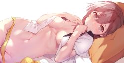 Rule 34 | 1girl, aotsuki kaoru, ass, bed sheet, black sailor collar, blush, breasts, breasts apart, brown eyes, brown hair, closed mouth, frown, groin, highres, lying, navel, no bra, on bed, on side, open clothes, open shirt, original, panties, panty pull, pillow, sailor collar, shirt, short hair, short sleeves, simple background, small breasts, solo, stomach, underwear, white background, white shirt, yellow panties