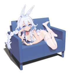 Rule 34 | 1girl, animal ears, azur lane, blue eyes, braid, breasts, closed mouth, couch, fake animal ears, full body, hair between eyes, highres, le malin (azur lane), long hair, looking at viewer, lying, no shoes, on stomach, pantyhose, rabbit ears, rabbit tail, sidelocks, simple background, small breasts, solo, tail, thigh strap, twin braids, very long hair, white background, white hair, white pantyhose, zzzearly