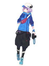 Rule 34 | 1girl, absurdres, androgynous, artist request, bag, belt, black belt, black shorts, blue footwear, blue jacket, camera, closed mouth, demon horns, fanny pack, full body, hair ornament, hand in pocket, highres, holding, holding camera, hood, hood down, hooded jacket, horns, horns through headwear, indie virtual youtuber, jacket, leggings under shorts, long pointy ears, looking at viewer, mimic (vtuber), official art, parka, pointy ears, puffy shorts, purple hair, red eyes, shoes, short hair, short sleeves, shorts, shoulder bag, sleeves pushed up, smile, solo, tail, transparent background, virtual youtuber, walking, x hair ornament