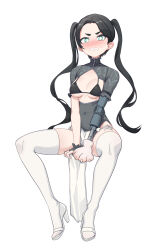 Rule 34 | 1girl, aningay, bikini, bikini under clothes, black bikini, black hair, blue eyes, blush, breasts, china dress, chinese clothes, clenched teeth, copyright request, cross-shaped pupils, dress, forehead, grey dress, high heels, highres, long hair, looking at viewer, medium breasts, nose blush, parted bangs, pelvic curtain, prosthesis, prosthetic arm, shoes, short eyebrows, simple background, small sweatdrop, solo, sweat, swimsuit, symbol-shaped pupils, teeth, thick eyebrows, thighhighs, twintails, very long hair, white background, white footwear, white thighhighs