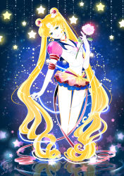 Rule 34 | 1990s (style), 1girl, absurdly long hair, absurdres, beads, bishoujo senshi sailor moon, bishoujo senshi sailor moon sailor stars, bishoujo senshi sailor moon stars, blonde hair, blue eyes, blue sailor collar, brooch, choker, crescent, crescent facial mark, dated, double bun, earrings, elbow gloves, eternal sailor moon, facial mark, flower, forehead mark, gloves, hair bun, hair ornament, heart, heart brooch, highres, holding, holding flower, jewelry, layered skirt, long hair, microskirt, pleated skirt, reflection, retro artstyle, ribbon, rose, sailor collar, sailor moon, sakura12140814, signature, skirt, solo, star (symbol), star earrings, tsukino usagi, twintails, very long hair, white gloves, wing brooch