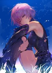 Rule 34 | 1girl, bad id, bad twitter id, bare shoulders, center opening, cloud, elbow gloves, fate/grand order, fate (series), gloves, grass, kureta (nikogori), light purple hair, mash kyrielight, one eye closed, purple eyes, short hair, sitting, sky, smile, solo, thighhighs, torn clothes, torn thighhighs