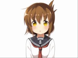 Rule 34 | 10s, 1girl, animated, animated gif, bell (oppore coppore), blush, brown eyes, brown hair, closed eyes, emofuri, folded ponytail, hair ornament, head tilt, inazuma (kancolle), kantai collection, long hair, long sleeves, md5 mismatch, neckerchief, open mouth, school uniform, serafuku, simple background, smile, solo, ugoira, upper body, white background