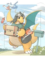 Rule 34 | animal focus, black hat, blue sky, claws, cloud, colored skin, commentary, commentary request, creatures (company), dragon, dragon wings, dragonite, english commentary, envelope, game freak, gen 1 pokemon, gen 3 pokemon, gen 4 pokemon, goggles, goggles on head, hat, highres, holding, holding envelope, knhb tail, latias, latios, legendary pokemon, letterboxed, mailbox (incoming mail), mixed-language commentary, nintendo, no humans, orange skin, outside border, peaked cap, pokemon, pokemon (creature), road, rotom, rotom phone, sky, tatsugiri, tatsugiri (curly), wings