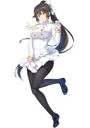 Rule 34 | 1girl, 3:, aiguillette, azur lane, bad id, bad pixiv id, black footwear, black hair, black pantyhose, blush, breasts, brown eyes, closed mouth, epaulettes, full body, gloves, hair flaps, half gloves, hand up, highres, large breasts, leg up, loafers, long hair, looking at viewer, military, military uniform, miniskirt, pantyhose, pleated skirt, ponytail, shoes, sidelocks, simple background, skirt, solo, takao (azur lane), terry (pixiv3274443), thighband pantyhose, thighs, tsurime, uniform, very long hair, white background, white gloves, white skirt