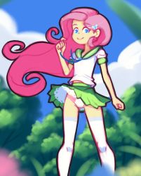 Rule 34 | 1girl, animal hair ornament, blue eyes, blue neckerchief, butterfly hair ornament, cloud, colored skin, drantyno, fluttershy, grass, green skirt, hair ornament, hasbro, highres, long hair, looking at viewer, my little pony, my little pony: equestria girls, my little pony: friendship is magic, neckerchief, panties, pink hair, pink panties, ribbon, school uniform, shirt, short sleeves, skirt, sky, smile, standing, thighhighs, tree, underwear, white shirt, white thighhighs, wind, wind lift, yellow skin