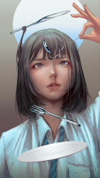 Rule 34 | 1girl, bent spoon, blood, blue necktie, blue shirt, bob cut, breast pocket, brown eyes, brown hair, collared shirt, floating, fork, hand up, highres, holding, holding spoon, levitation, looking at viewer, necktie, nosebleed, original, parted lips, plate, pocket, shirt, solo, spoon, telekinesis, upper body, wataboku, wing collar