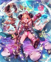 Rule 34 | 10s, 1girl, ;d, animal ears, armpits, bare shoulders, bell, blonde hair, bow, collar, company name, curly hair, detached sleeves, flat chest, full body, full moon, glowing, green eyes, happy, hat, highres, holding, holding weapon, horns, lee hyeseung, leg warmers, leotard, looking at viewer, mito (shingeki no bahamut), moon, multicolored eyes, neck bell, official art, one eye closed, open mouth, outstretched arm, riding, sheep, sheep ears, sheep horns, shingeki no bahamut, short hair, sitting, smile, solo, staff, star (symbol), striped, veil, watermark, weapon, white leotard, wind, yellow eyes