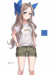 Rule 34 | 1girl, alternate costume, asakaze (kancolle), blonde hair, blue eyes, blue ribbon, blush, closed mouth, clothes writing, feet out of frame, green shorts, hair ribbon, highres, kantai collection, long hair, ribbon, shirt, short sleeves, shorts, simple background, solo, sugue tettou, twitter username, white background, white shirt