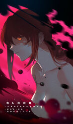 Rule 34 | 1girl, absurdres, bijian de linghun, blood, blood censor, blood spray, braid, braided ponytail, brown hair, chainsaw man, collarbone, dark, highres, long hair, looking to the side, makima (chainsaw man), orange eyes, ringed eyes, shaded face, sidelocks, solo, topless
