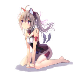 Rule 34 | 10s, 1girl, ahoge, animal ears, arm support, bare arms, bare legs, bare shoulders, barefoot, blonde hair, breasts, cat ears, detached collar, fake animal ears, frame arms girl, full body, headgear, highres, innocentia, leaning forward, long hair, long image, motion lines, parted lips, purple eyes, shadow, simple background, sitting, small breasts, solo, sunga2usagi, tall image, twintails, wariza, white background