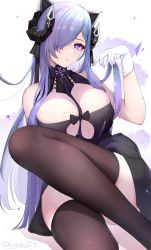 Rule 34 | 1girl, absurdres, august von parseval (azur lane), azur lane, bare arms, bare shoulders, black thighhighs, blush, breasts, gloves, hair ornament, hair over one eye, highres, horns, large breasts, long hair, looking at viewer, one eye covered, parted lips, purple eyes, purple hair, showerz, sitting, solo, thighhighs, thighs, white gloves