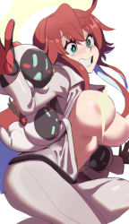 Rule 34 | 1girl, accidental exposure, ahoge, areola slip, bodysuit, breast slip, breasts, bright pupils, censored, censored nipples, spiked halo, convenient censoring, gloves, green eyes, guilty gear, guilty gear strive, halo, highres, jack-o&#039; valentine, large breasts, long hair, multicolored hair, nipple slip, nipples, red hair, sho-n-d, smile, solo, sparkle, two-tone hair, wardrobe malfunction, white bodysuit, white hair, white pupils