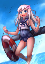 Rule 34 | 10s, 1girl, absurdres, blonde hair, blue eyes, cloud, flower, ghost (gost8643), gooster, hair flower, hair ornament, highres, kantai collection, lifebuoy, long hair, open mouth, ro-500 (kancolle), school swimsuit, sky, solo, swim ring, swimsuit, swimsuit under clothes, tan, tanline, thighs, tongue, torpedo