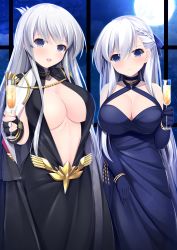 Rule 34 | 2girls, :d, absurdres, alcohol, azur lane, bare shoulders, belfast (azur lane), belfast (the noble attendant) (azur lane), black cloak, black dress, black gloves, blue gloves, blue ribbon, blush, bracelet, braid, breasts, center opening, chain, champagne, champagne flute, cleavage, cloak, collarbone, commentary request, cowboy shot, criss-cross halter, cup, dress, drinking glass, elbow gloves, enterprise (azur lane), enterprise (heroic finery) (azur lane), evening gown, feather hair ornament, feathers, fingerless gloves, french braid, full body, glint, gloves, hair between eyes, hair ornament, hair ribbon, halter dress, halterneck, highres, holding, holding cup, indoors, jewelry, katubusi kisimen, large breasts, long dress, long hair, looking at viewer, multiple girls, night, open mouth, purple eyes, ribbon, sidelocks, sleeveless, smile, standing, very long hair, white hair, window