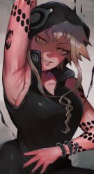 Rule 34 | 1girl, absurdres, arm behind head, armpits, arms up, artist name, black dress, black nails, blonde hair, breasts, cleavage, collarbone, collared dress, dress, eyelashes, female focus, highres, hood, hood up, ibuo (ibukht1015), large breasts, medusa gorgon, multicolored hair, nail polish, orange eyes, parted lips, red hair, sideboob, sidelocks, simple background, sleeveless, sleeveless dress, solo, soul eater, tattoo, teeth, tomboy, two-tone hair, upper body