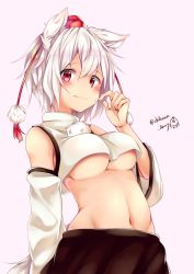 Rule 34 | 1girl, animal ears, arched back, black skirt, breasts, chikuwa savy, closed mouth, crop top, detached sleeves, hand up, hat, inubashiri momiji, looking at viewer, medium breasts, navel, no bra, pom pom (clothes), red eyes, short hair, simple background, skirt, solo, stomach, sweatdrop, tail, tareme, tokin hat, touhou, turtleneck, twitter username, underboob, white hair, wide sleeves, wolf ears, wolf tail