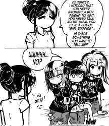 Rule 34 | 2koma, 4girls, belt, black hair, black shirt, clothes writing, comic, corrupted twitter file, doom-metal-girl (grs-), earrings, emo-girl (grs-), emo-mom (grs-), english text, greyscale, grs-, hair bun, highres, jewelry, metal-girl (grs-), monochrome, mother and daughter, multicolored hair, multiple girls, no mouth, original, pants, shirt, shorts, sitting, sitting on lap, sitting on person, speech bubble, sweatdrop, t-shirt, torn clothes, torn pants, two-tone hair, white shirt, yuri