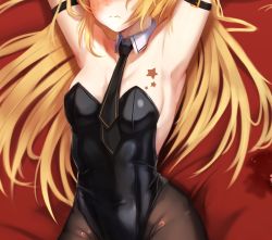 Rule 34 | 1girl, alcohol, armband, armpits, arms up, azur lane, bed, bed sheet, black leotard, black necktie, black pantyhose, blonde hair, blush, breasts, cleavage, cleveland (azur lane), commentary, detached collar, embarrassed, highres, leotard, long hair, looking to the side, lying, manjuu (azur lane), necktie, nose blush, pantyhose, playboy bunny, red sheet, restrained, small breasts, solo, sonaworld, spill, stain, stained sheets, star (symbol), star tattoo, strapless, strapless leotard, tattoo, wine