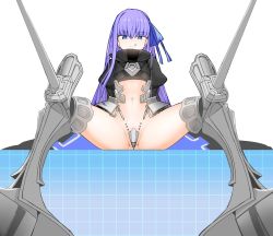 Rule 34 | 1girl, :q, blue eyes, blue ribbon, crotch plate, fate/extra, fate/extra ccc, fate/grand order, fate (series), licking lips, long hair, long sleeves, looking at viewer, meltryllis (fate), naughty face, navel, prosthesis, prosthetic leg, purple hair, ribbon, seigaiha, sitting, sleeves past fingers, sleeves past wrists, smile, solo, spread legs, tongue, tongue out, yoosai