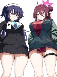 Rule 34 | 2girls, bare legs, black jacket, black skirt, blue archive, blue necktie, bottomless, china dress, chinese clothes, dress, green jacket, halo, highres, jacket, long hair, looking at viewer, multiple girls, necktie, purple hair, red hair, reijo (blue archive), sashu (thershr6s), school uniform, shirt, simple background, skirt, thigh gap, thighs, twintails, twitter, white background, white shirt, yuuka (blue archive)