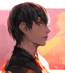 Rule 34 | 1boy, backlighting, black hair, closed mouth, ddongu, expressionless, from side, looking at viewer, looking to the side, male focus, original, profile, red eyes, sketch, solo, upper body