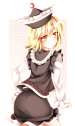 Rule 34 | 1girl, :&lt;, blonde hair, crescent, female focus, hat, kazetto, looking back, lunasa prismriver, short hair, solo, touhou, yellow eyes
