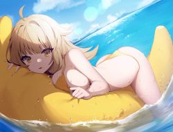 Rule 34 | 1girl, ahoge, ankkoyom, ass, banana boat, bare arms, bare shoulders, bikini, blonde hair, breasts, day, dutch angle, highres, large breasts, long hair, looking at viewer, ocean, original, outdoors, parted lips, smile, solo, string bikini, swimsuit, thighs, water, wet, yellow bikini, yellow eyes