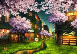 Rule 34 | awning, cherry blossoms, grass, lantern, night, no humans, original, outdoors, paper lantern, power lines, railing, scenery, shooting star, sign, sliding doors, stream, tokyogenso, translation request, tree, watermark