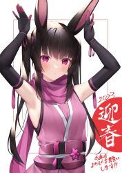 Rule 34 | 1girl, 2023, absurdres, animal ears, armpits, arms up, bare shoulders, black gloves, black hair, blush, breasts, chinese zodiac, elbow gloves, framed, gloves, happy new year, highres, long hair, looking at viewer, new year, ninja, niyun (n niyu), open mouth, pink eyes, pink gloves, pink scarf, rabbit ears, scarf, senki zesshou symphogear, shiny skin, simple background, sleeveless, small breasts, solo, tsukuyomi shirabe, twintails, white background, year of the rabbit