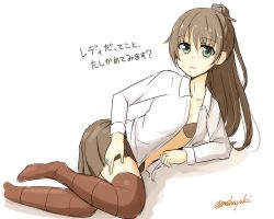 Rule 34 | 10s, 1girl, bra, brown hair, green eyes, kantai collection, kumano (kancolle), long hair, lowres, mashayuki, simple background, solo, thighhighs, translation request, twitter username, underwear, white background