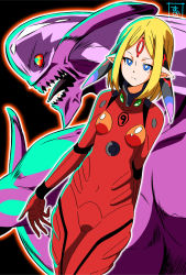 Rule 34 | 1girl, blonde hair, blue eyes, bodysuit, bright pupils, closed mouth, cosplay, cowboy shot, facial mark, forehead mark, fusion, kumika, kumika no mikaku, light frown, looking at viewer, monster, neon genesis evangelion, outline, parted bangs, pilot suit, plugsuit, pointy ears, red bodysuit, s-now, short hair, signature, souryuu asuka langley, souryuu asuka langley (cosplay), standing, white outline