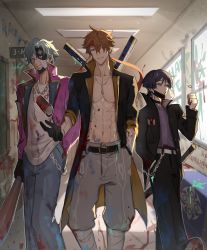 Rule 34 | 3boys, abs, alternate costume, blood, blood on clothes, blowing bubbles, coat, coin, coin flip, commentary, corrupted twitter file, dottore (genshin impact), english commentary, genshin impact, graffiti, grin, ha ze, hand in pocket, headband, highres, holding, jacket, jewelry, male focus, mask, mask pull, mouth mask, multiple boys, open clothes, open coat, pants, pectorals, red eyes, red headband, scaramouche (genshin impact), school, shirt, shorts, smile, spray can, sword, tartaglia (genshin impact), toned, toned male, walking, weapon, weapon on back
