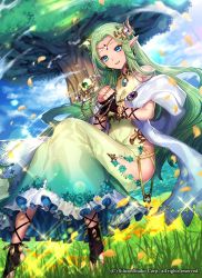 Rule 34 | 1girl, anklet, barefoot, barefoot sandals (jewelry), blue eyes, circlet, company name, covered navel, day, flower, grass, green hair, gyakushuu no fantasica, hair ornament, jewelry, katagiri hachigou, necklace, official art, open mouth, petals, pointy ears, sky, solo, sparkle, toe ring, toeless legwear, toes, tree
