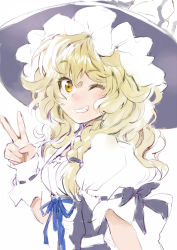 Rule 34 | 1girl, adapted costume, alternate costume, blonde hair, bow, braid, cleavage cutout, clothing cutout, colorized, curiosities of lotus asia, dress, frills, grin, hair ornament, hat, hat ribbon, kirisame marisa, long hair, looking at viewer, matsuda (matsukichi), messy hair, one eye closed, portrait, puffy sleeves, ribbon, short sleeves, side braid, single braid, sketch, smile, solo, touhou, v, wavy hair, witch hat, wrist cuffs, yellow eyes