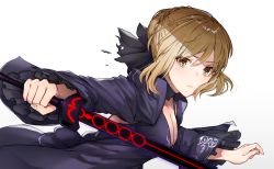 Rule 34 | 1girl, artoria pendragon (all), artoria pendragon (fate), black cola, black dress, blonde hair, braid, breasts, brown eyes, cleavage, closed mouth, commentary request, dress, excalibur morgan (fate), fate/grand order, fate (series), fingernails, gradient background, grey background, hair between eyes, hair bun, highres, holding, holding sword, holding weapon, long sleeves, saber alter, sidelocks, single hair bun, small breasts, solo, sword, weapon, white background, wide sleeves