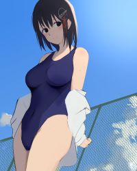 Rule 34 | 1girl, 73suke, absurdres, black hair, blue sky, blue one-piece swimsuit, breasts, brown eyes, chain-link fence, cloud, competition swimsuit, cowboy shot, day, fence, haguro (kancolle), hair ornament, highres, jacket, kantai collection, medium breasts, off-shoulder jacket, off shoulder, one-piece swimsuit, outdoors, short hair, sky, solo, swimsuit, white jacket