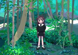 Rule 34 | 1girl, 1nupool, :|, ahoge, ankle socks, black eyes, black footwear, black serafuku, black shirt, black skirt, blouse, blunt bangs, blush stickers, brown hair, bush, closed mouth, dappled sunlight, dot nose, female focus, forest, full body, grass, hands on own hips, highres, legs apart, long hair, long sleeves, looking at viewer, mary janes, miniskirt, nature, no pupils, original, outdoors, plant, pleated skirt, sailor collar, scenery, school uniform, serafuku, shirt, shoes, skirt, socks, solo, standing, staring, straight hair, sunlight, tree, v-shaped eyebrows, very long hair, white sailor collar, white socks, wide shot