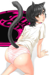 Rule 34 | 1girl, all fours, animal ears, ass, black hair, blouse, brown eyes, cat ears, cat girl, cat tail, female focus, kame (pixiv), lace, lace-trimmed panties, lace trim, looking back, no pants, original, panties, pink panties, shirt, short hair, solo, striped clothes, striped panties, tail, underwear, white shirt