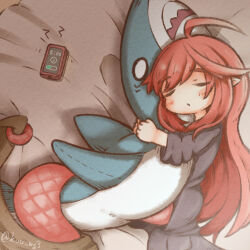 Rule 34 | 1girl, absurdres, ahoge, black dress, blanket, blush, cellphone, clock, closed mouth, dress, frown, highres, holding, holding stuffed toy, lamia, long hair, monster girl, o o, on bed, original, phone, pointy ears, rami (weegie), red hair, red scales, sleeping, snake tail, solo, stuffed animal, stuffed shark, stuffed toy, tail, translation request, very long hair, weegie