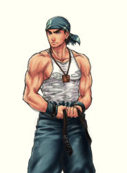 Rule 34 | 1boy, alternate costume, bandana, belt, brown eyes, capcom, cowboy shot, eyebrows, f-15jrs, frown, jewelry, male focus, muscular, necklace, ryu (street fighter), simple background, solo, street fighter, street fighter iv (series), tank top, textless version, thick eyebrows, white background, wristband