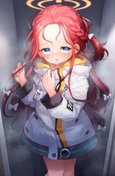 Rule 34 | 1girl, blue archive, blue eyes, bow, braid, commentary request, forehead, hair bow, halo, hands up, highres, hood, hood down, hooded jacket, in locker, jacket, kito (sorahate), locker, long sleeves, looking at viewer, parted lips, red hair, solo, steam, sweat, white bow, white jacket, yuzu (blue archive)