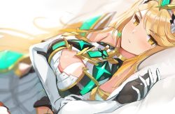 Rule 34 | 1girl, blonde hair, blurry, blurry background, breasts, circlet, cleavage, cleavage cutout, closed mouth, clothing cutout, depth of field, dress, earrings, elbow gloves, gloves, highres, jewelry, lips, long hair, looking at viewer, lying, mythra (xenoblade), nintendo, on side, ormille, short dress, solo, swept bangs, tsundere, white dress, white gloves, xenoblade chronicles (series), xenoblade chronicles 2, yellow eyes
