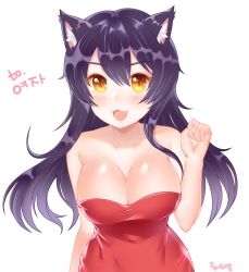 Rule 34 | 1girl, :3, ahri (league of legends), animal ears, bad id, bad pixiv id, black hair, blush, breasts, cleavage, dress, fang, fox ears, highres, large breasts, league of legends, long hair, looking at viewer, open mouth, paw pose, red dress, solo, strapless, strapless dress, tl astral7536, ubi (ekdus6080), upper body, yellow eyes