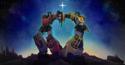 Rule 34 | 2boys, autobot, brothers, clenched hand, hand on own hip, highres, insignia, mecha, multiple boys, night, night sky, open mouth, rai mugi, robot, science fiction, siblings, sideswipe, sky, smile, standing, star (sky), sunstreaker, transformers