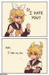 Rule 34 | 1boy, 1girl, 2koma, anger vein, bare shoulders, bass clef, black collar, black sleeves, blonde hair, blue eyes, blush, bow, brother and sister, collar, comic, commentary, detached sleeves, english commentary, english text, floofities, furrowed brow, hair bow, hair ornament, hairclip, headphones, highres, kagamine len, kagamine rin, looking away, nail polish, neckerchief, necktie, open mouth, sailor collar, school uniform, shirt, short hair, short ponytail, short sleeves, siblings, sleeveless, sleeveless shirt, spiked hair, swept bangs, treble clef, twins, twitter username, upper body, v-shaped eyebrows, vocaloid, white bow, white shirt, yellow background, yellow nails, yellow neckerchief