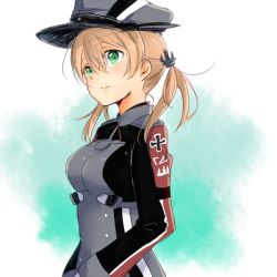 Rule 34 | 10s, 1girl, blonde hair, green eyes, hat, hiki-wota, kantai collection, long hair, peaked cap, prinz eugen (kancolle), smile, solo, twintails, uniform