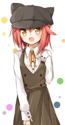 Rule 34 | 1girl, animal hat, black dress, cat hat, dress, hat, hat with ears, long sleeves, open mouth, original, red hair, shirt, short hair, smile, solo, yellow eyes, yuuhagi (amaretto-no-natsu)